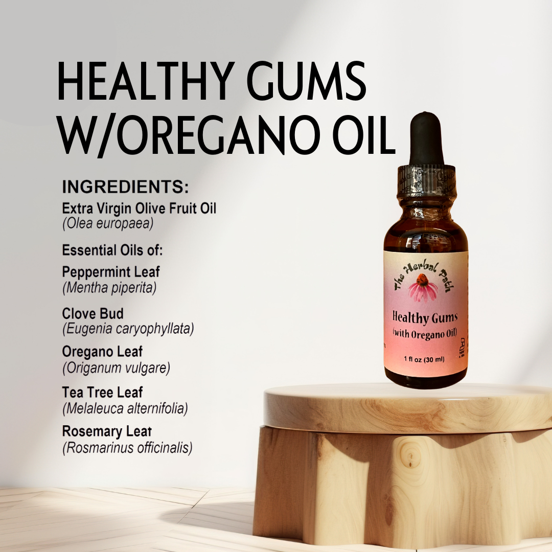 Bottle of 'Healthy Gums w/Oregano Oil' on a wooden stand with ingredient list on a light background.