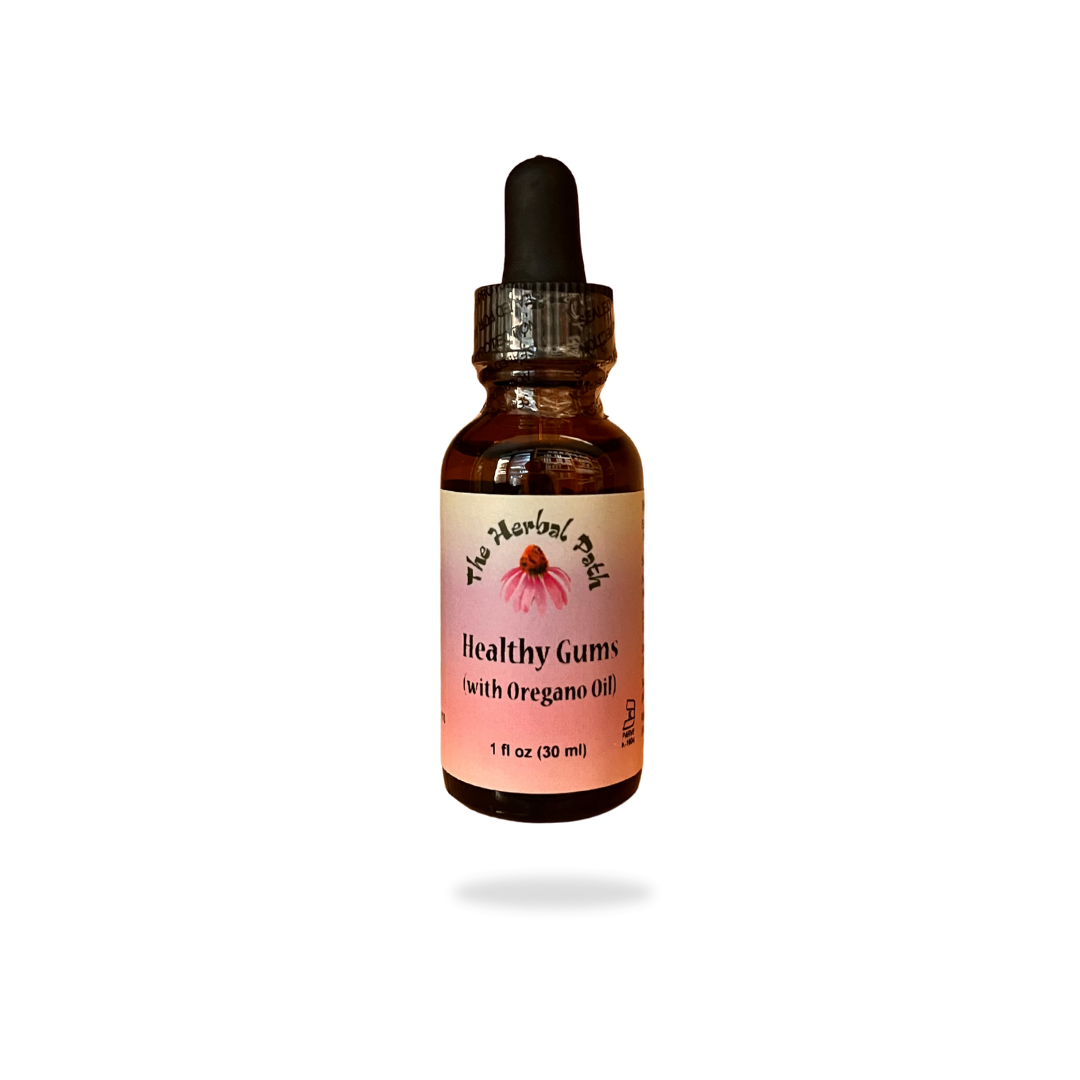 Bottle of 'Healthy Gums' with Oregano Oil on a white background.