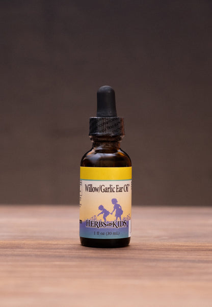 A small amber glass dropper bottle with a black cap stands centered on a wooden surface against a dark backdrop. The bottle has a cream label with blue and purple graphics and the text 'Mucosal Immunity'.