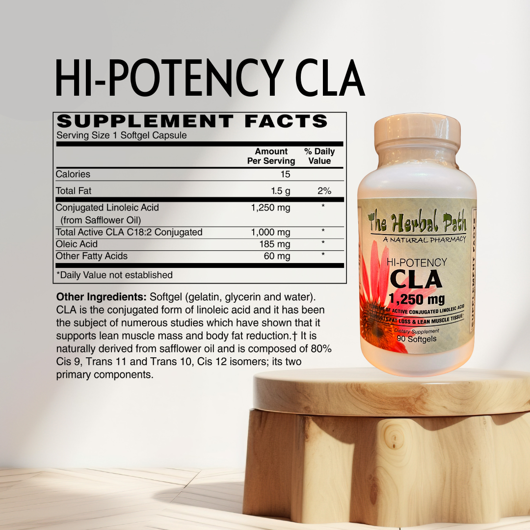 Supplement bottle labeled 'HI-POTENCY CLA' with supplement facts on a light background