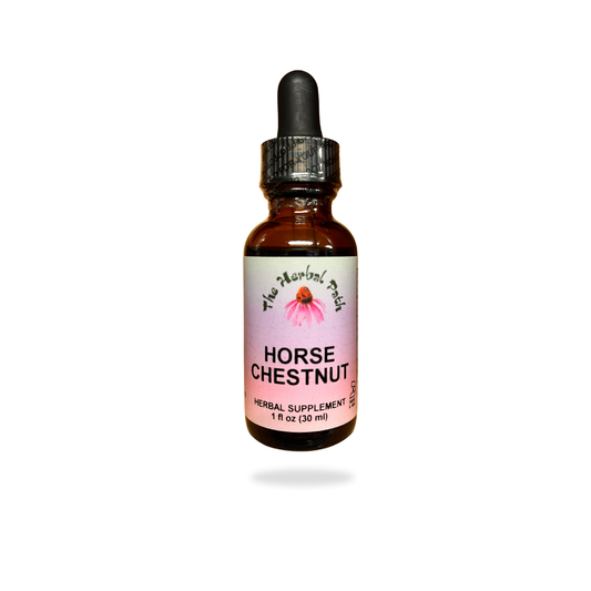 Bottle of Horse Chestnut herbal supplement with dropper with The Herbal Path label.