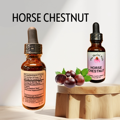 Two bottles of horse chestnut supplement on a wooden stand with chestnuts and leaves.