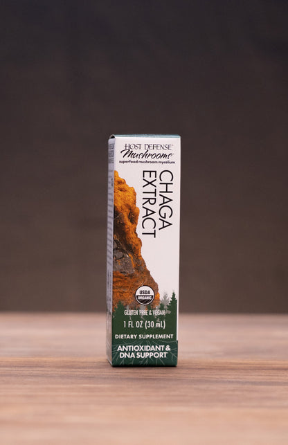 A box of Chaga Mushroom Extract by Wild Harvest Organics stands centered on a wooden tabletop, with blurred rustic props on both sides against a dark backdrop.