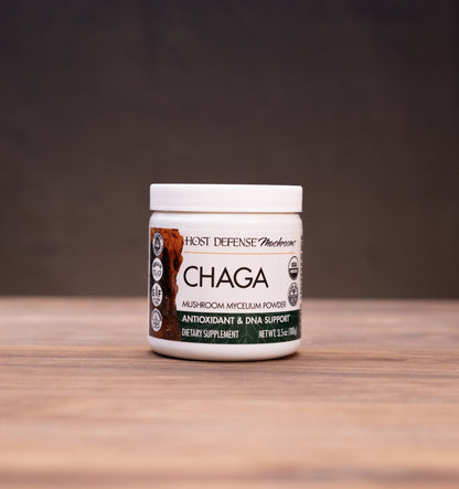 A jar of Chaga Antioxidant & Zinc Supplement by Root Defense Products, set on a rustic wooden table with mystical props in the background.