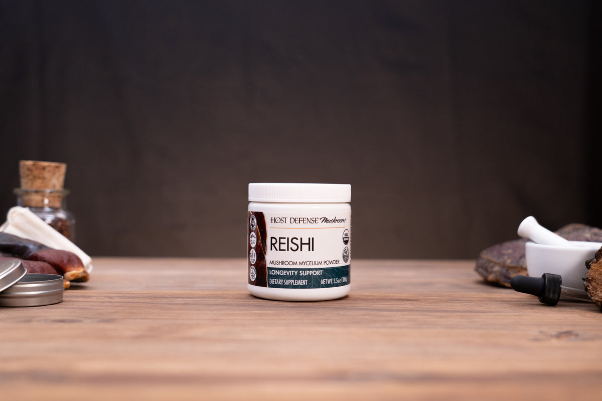 A white jar of REISHI Root Defense Hair Growth Support centered on a wooden tabletop, with blurred natural props on both sides against a dark backdrop.