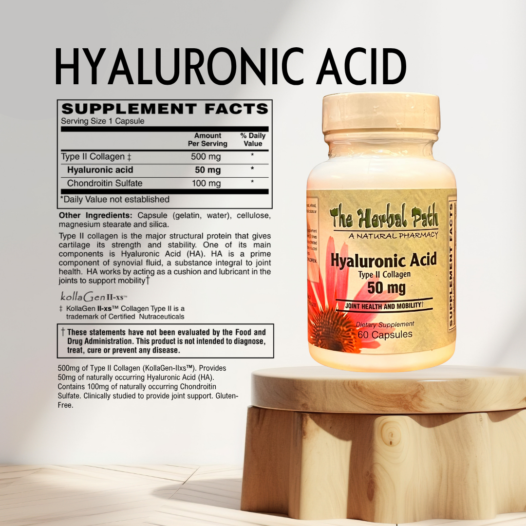 Hyaluronic Acid supplement bottle with label on a wooden stand.