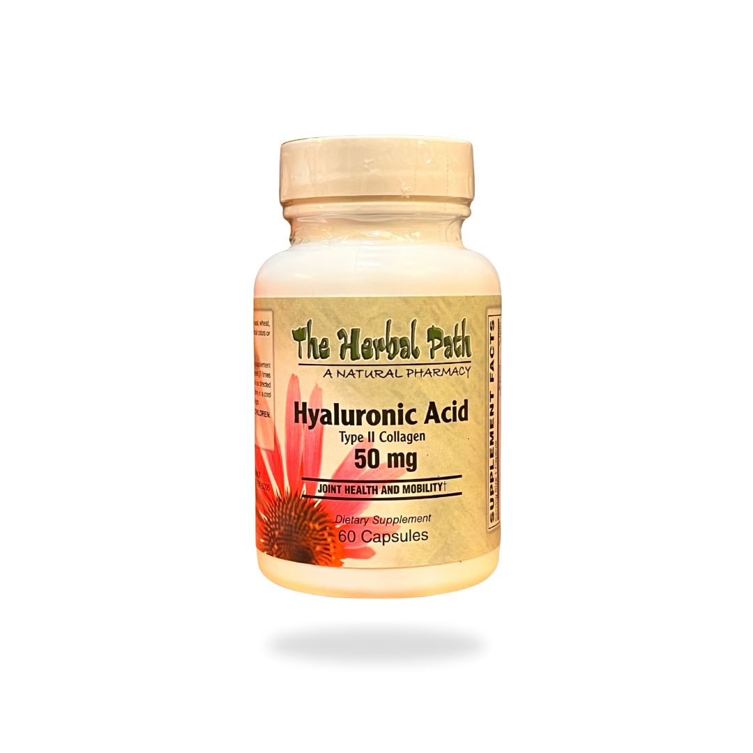 Supplement bottle labeled 'Hyaluronic Acid' by 'The Herbal Path' on a white background.