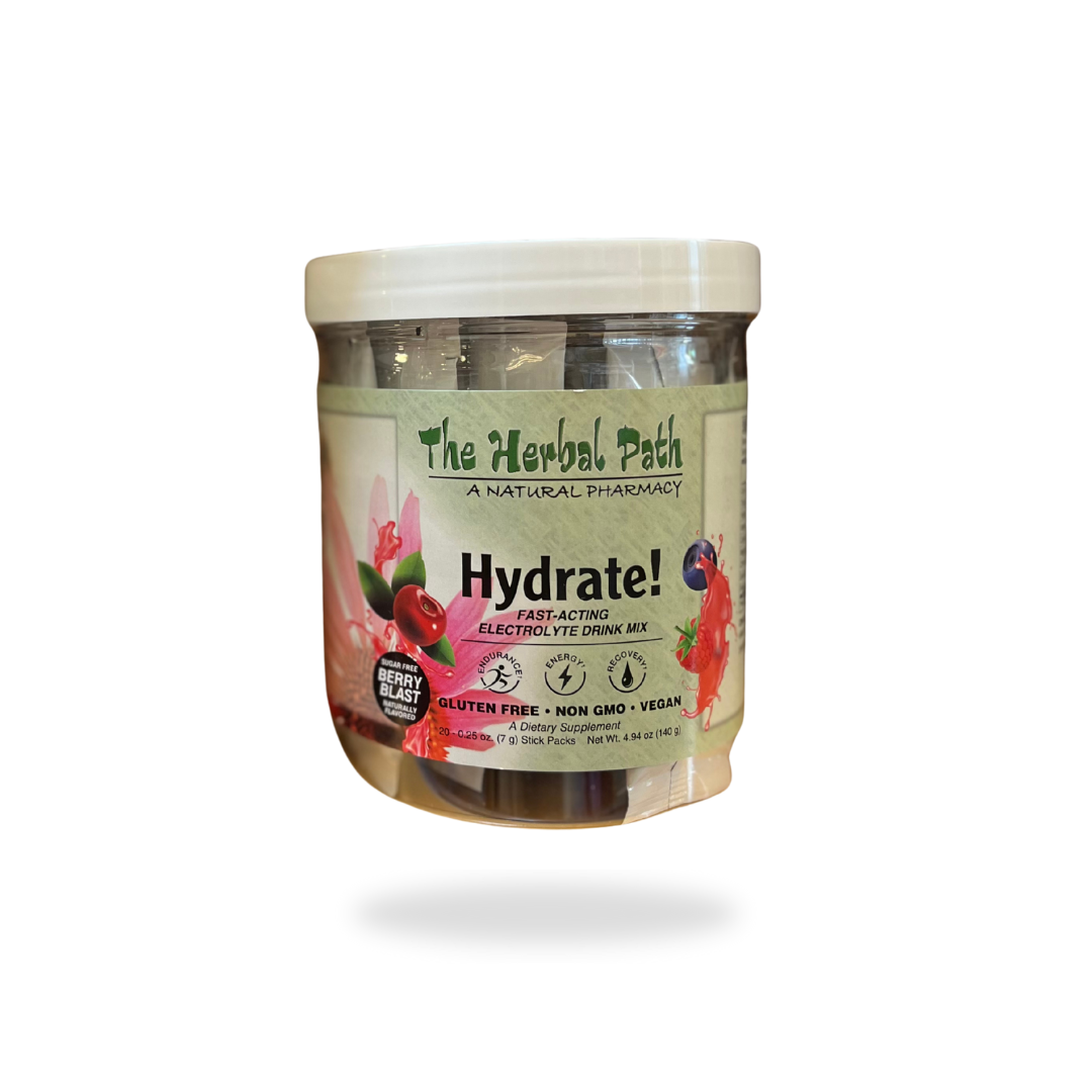 Hydrate! Berry Blast flavor electrolyte drink mix by The Herbal Path.