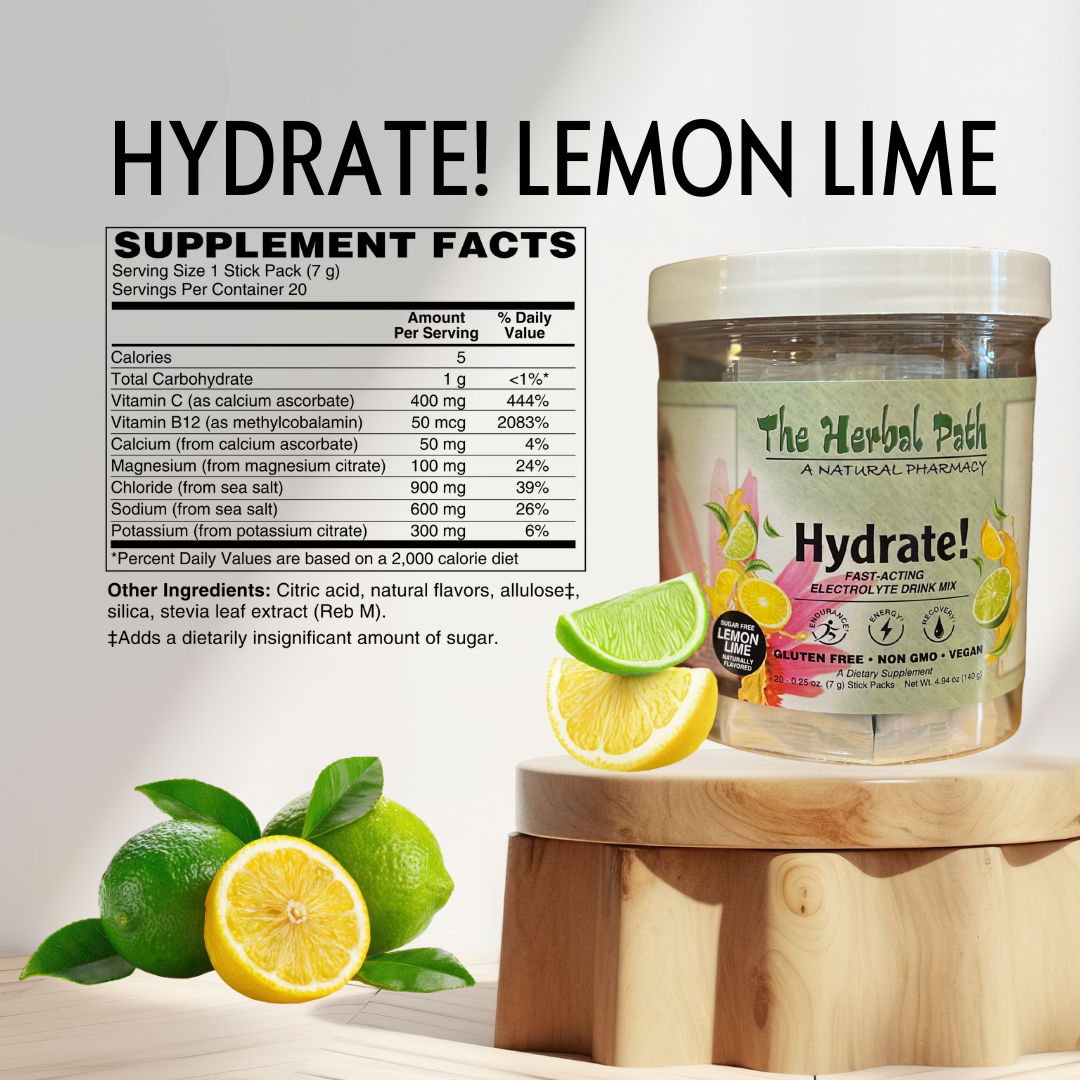 Supplement container labeled 'Hydrate! Lemon Lime' with lemon and lime slices on a wooden stand.