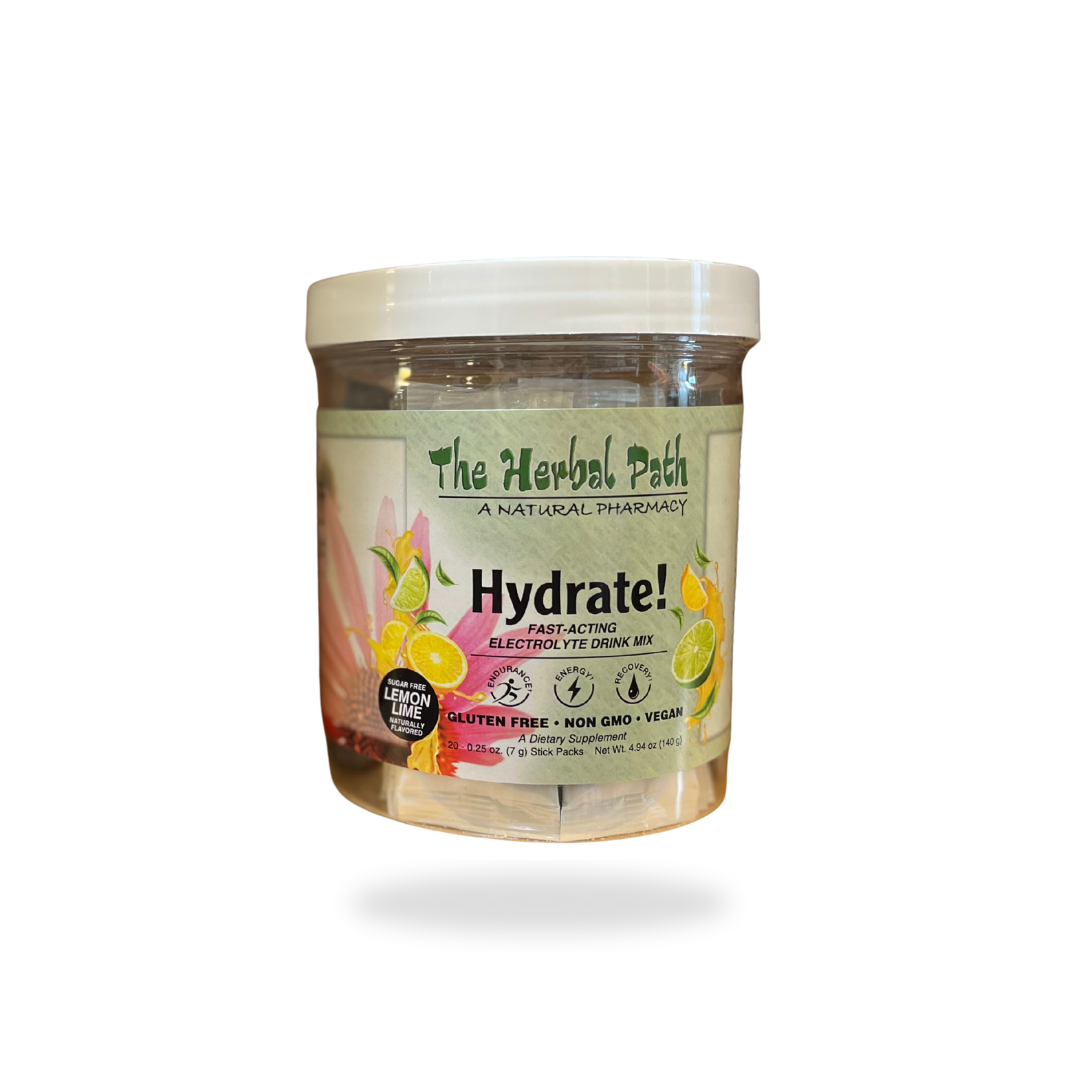 Jar of 'Hydrate!' drink mix from 'The Herbal Path' on a white background.