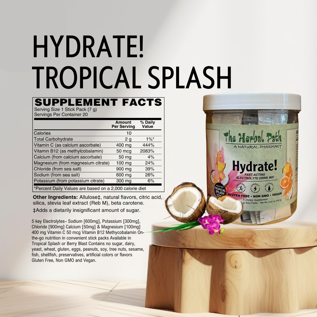 Supplement container labeled 'Hydrate! Tropical Splash' with supplement facts on a light background.