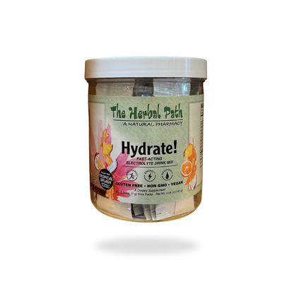Jar of 'Hydrate!' drink mix from The Herbal Path on a white background.