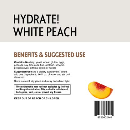 White peach supplement label with text and a slice of white peach on a beige background