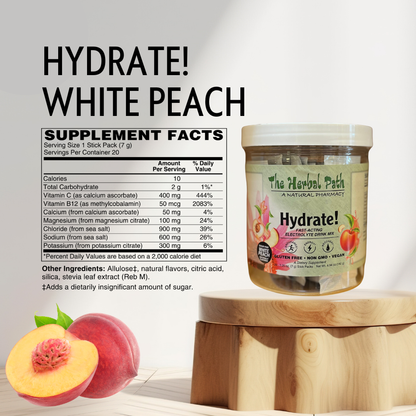 Supplement container labeled 'Hydrate! White Peach' with a peach illustration on a light background.