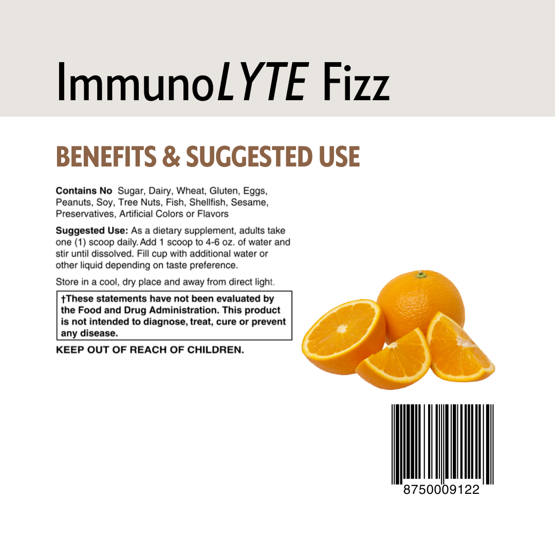 Label for ImmunoLYTE Fizz with orange slices and product details.