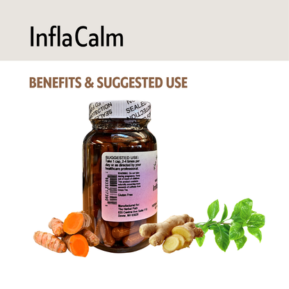 Bottle of InflaCalm with turmeric, ginger, and a leaf on a white background