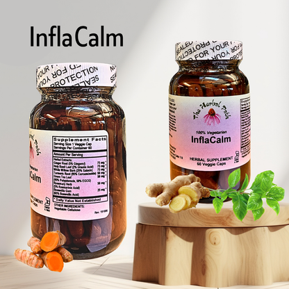 Two bottles of InflaCalm herbal supplement with ingredients on a wooden block against a light background.