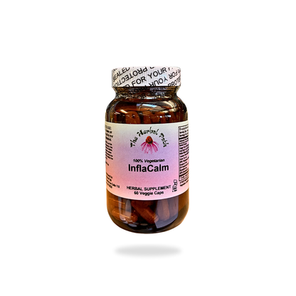 Bottle of InflaCalm supplement with a pink label on a white background