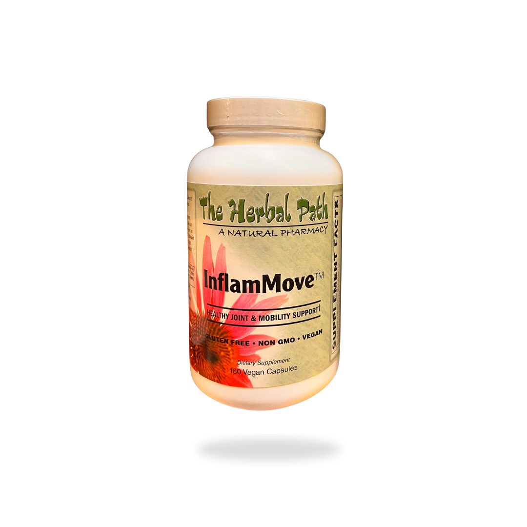 Supplement bottle labeled 'InflamMove' from 'The Herbal Path' 