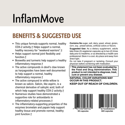 Back of a supplement package labeled 'InflamMove' with text detailing benefits, barcode and usage.