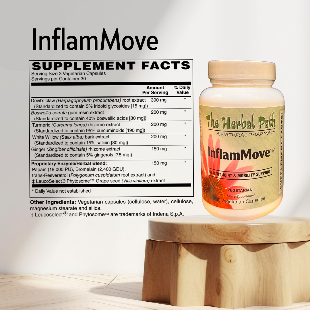 Supplement bottle labeled 'InflamMove' with supplement facts.
