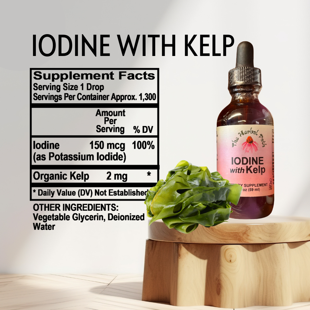 Bottle of iodine supplement with kelp on a wooden stand, labeled 'Iodine with Kelp'.