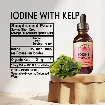 Bottle of iodine supplement with kelp on a wooden stand, labeled 'Iodine with Kelp'.