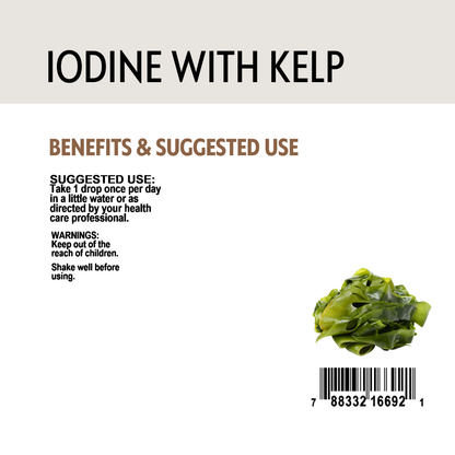Product label for iodine with kelp showing benefits, suggested use, barcode and a small image of kelp.