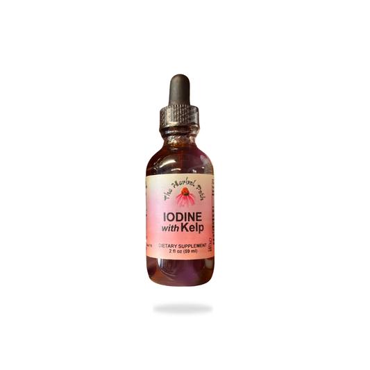 Bottle of iodine with kelp supplement with pink The Herbal Path label.