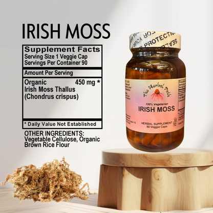 Irish moss supplement bottle with label and facts on a light background.