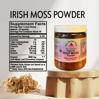 Jar of Irish Moss Powder with supplement facts label on a light background