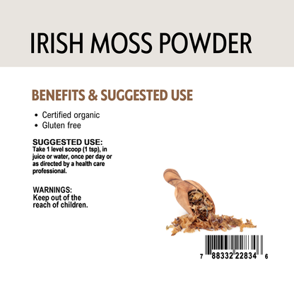 Package of Irish moss powder with text on benefits, suggested use, and warnings.