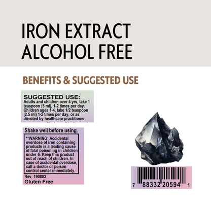 Iron extract supplement label with crystal and text on a white background