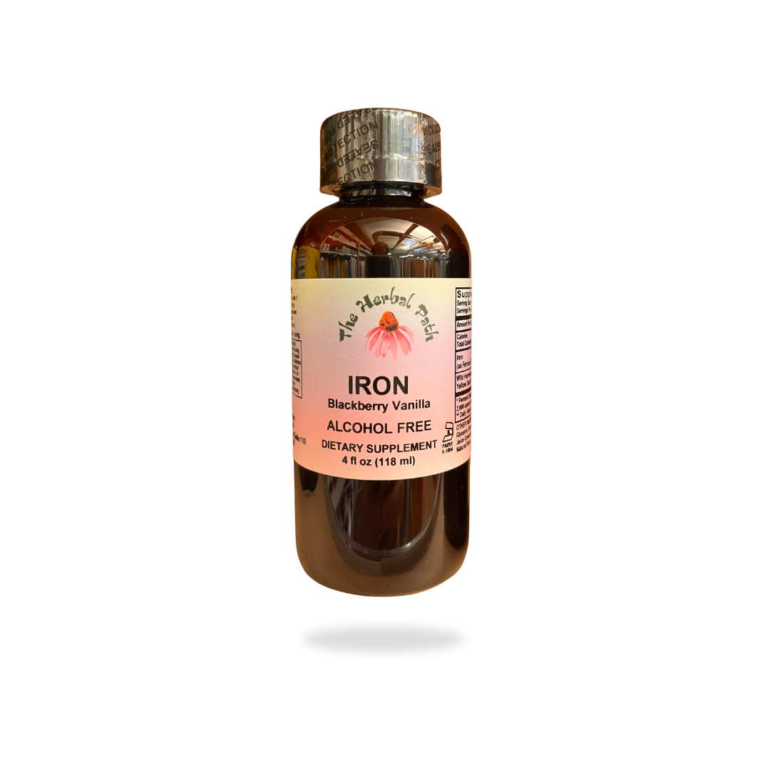 Bottle of Iron supplement with a label on a white background