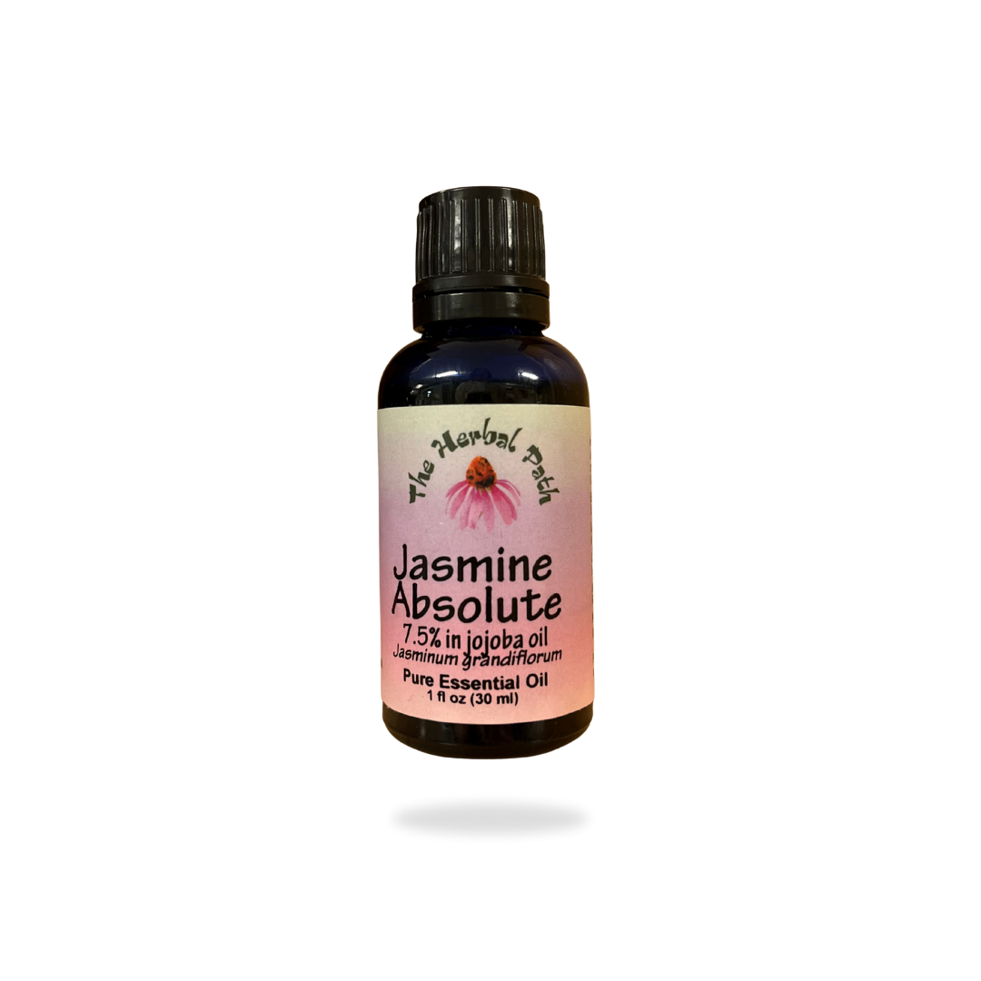Bottle of Jasmine Absolute essential oil with a pink label on a white background