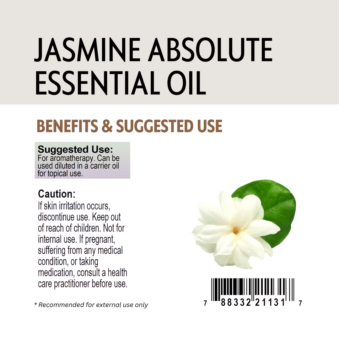 Jasmine Absolute Essential Oil label with a flower illustration and text.