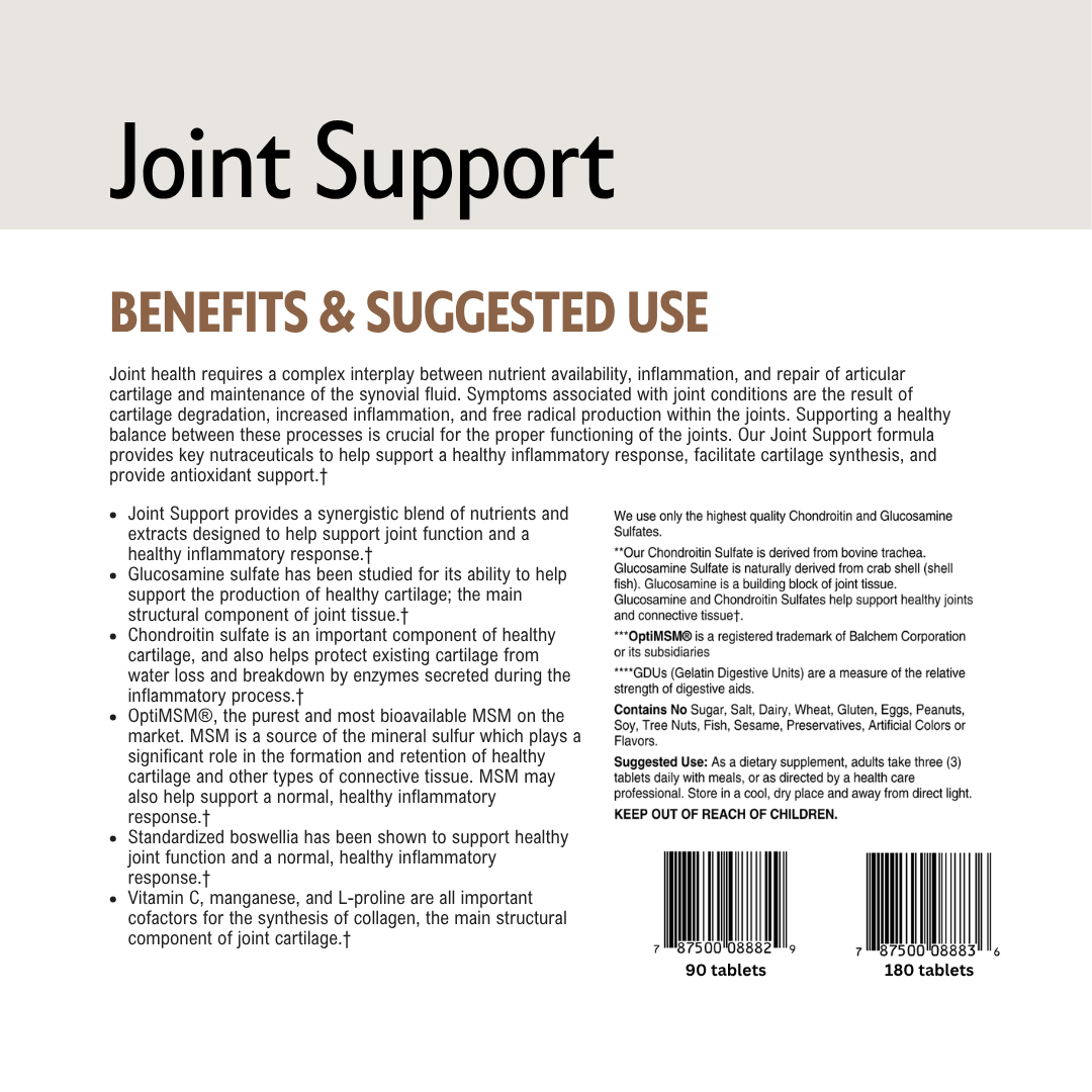 Joint support supplement label with text and barcodes on a white background.