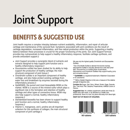Joint support supplement label with text and barcodes on a white background.