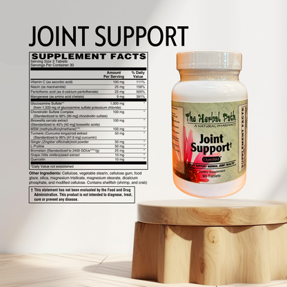 Supplement bottle labeled 'Joint Support' with supplement facts on a light background.