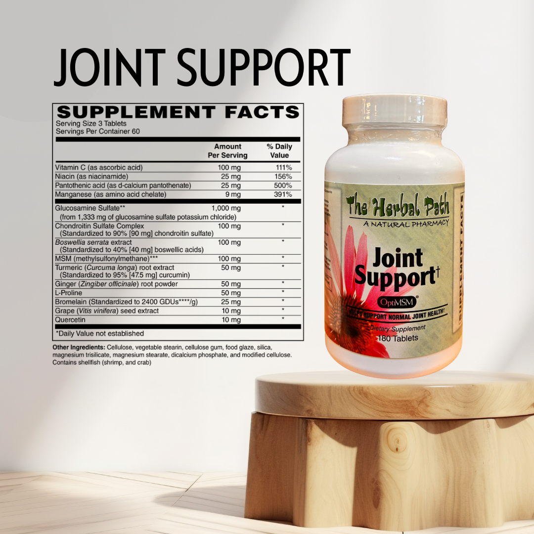 Joint Support supplement bottle by The Herbal Path with label on a wooden stand against a light background.