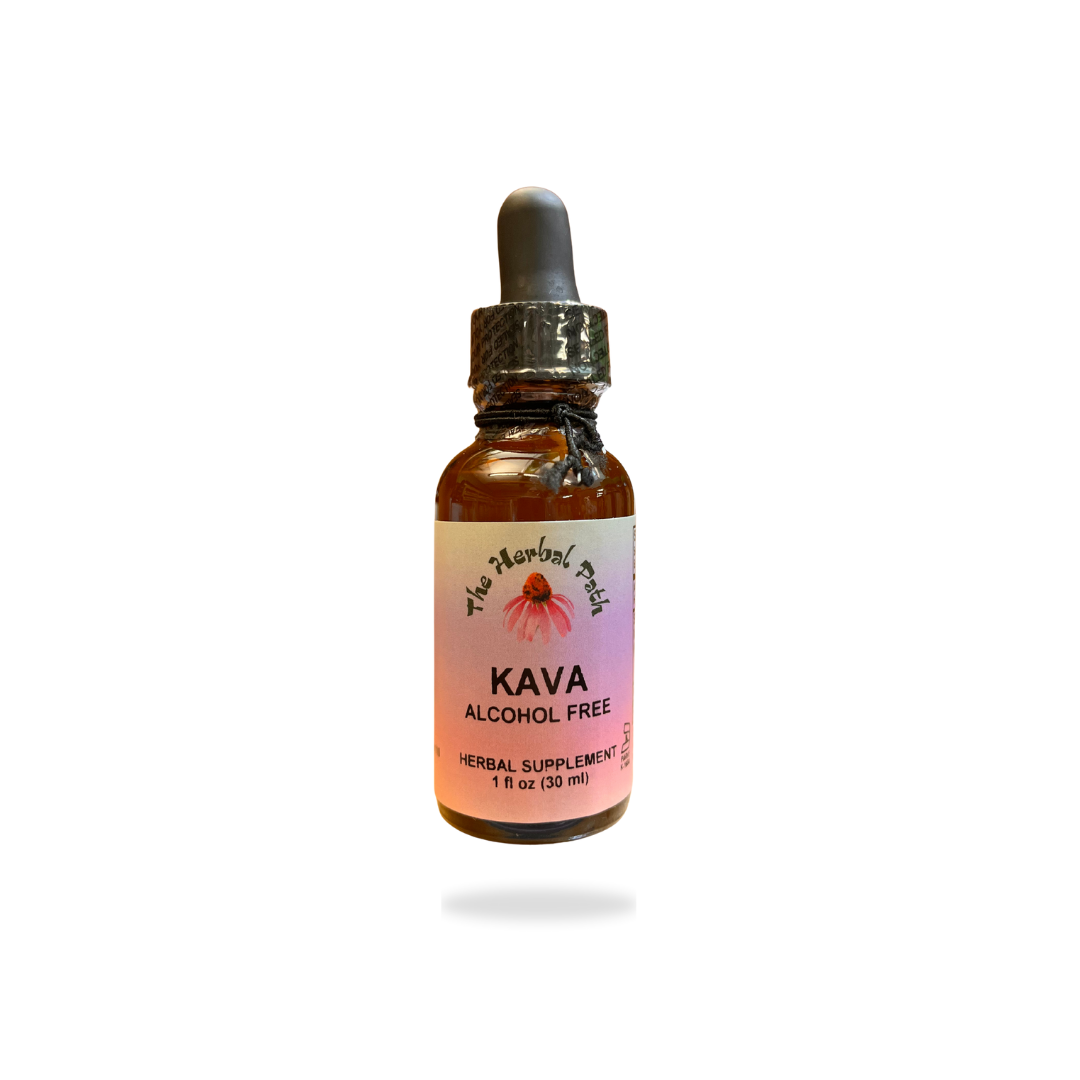 Bottle of alcohol free Kava herbal supplement with dropper.