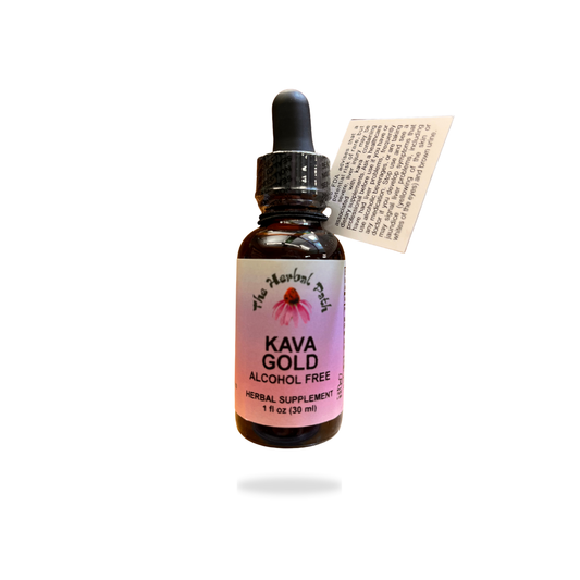 Bottle of Kava Gold alcohol-free herbal supplement by The Herbal Path with dropper on a white background.
