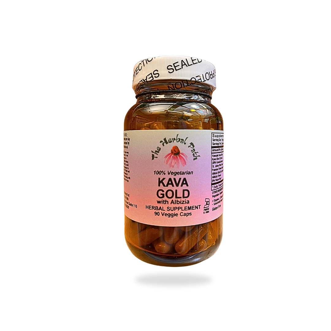 Bottle of Kava Gold herbal supplement with a pink label with The Herbal Path branding on a white background.
