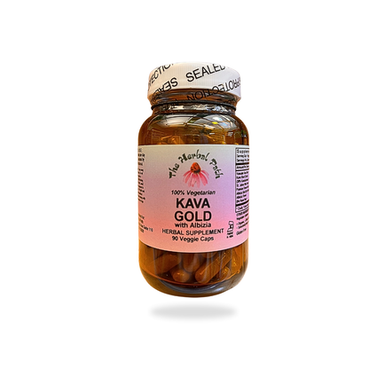 Bottle of Kava Gold herbal supplement with a pink label with The Herbal Path branding on a white background.