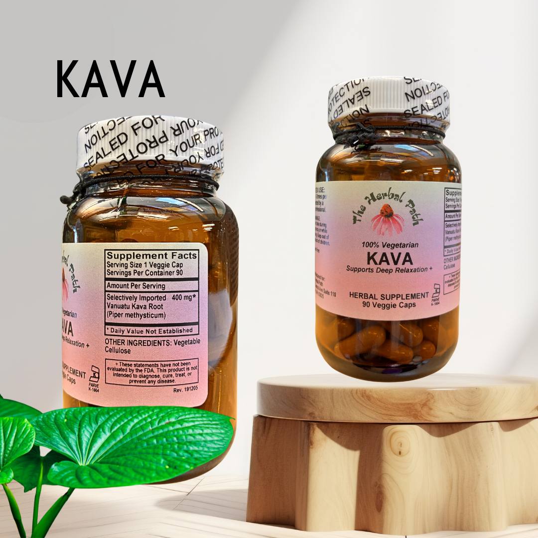 Two bottles of Kava supplement on a wooden stand with a white background