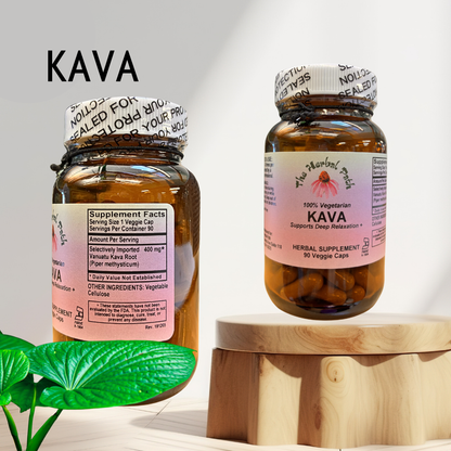 Two bottles of Kava supplement on a wooden stand with a white background