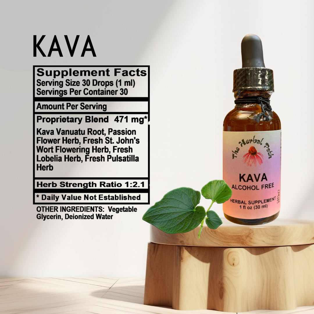Kava supplement bottle with dropper on a wooden block, labeled 'Alcohol Free' and 'Herb Strength Ratio 1:2.1'.