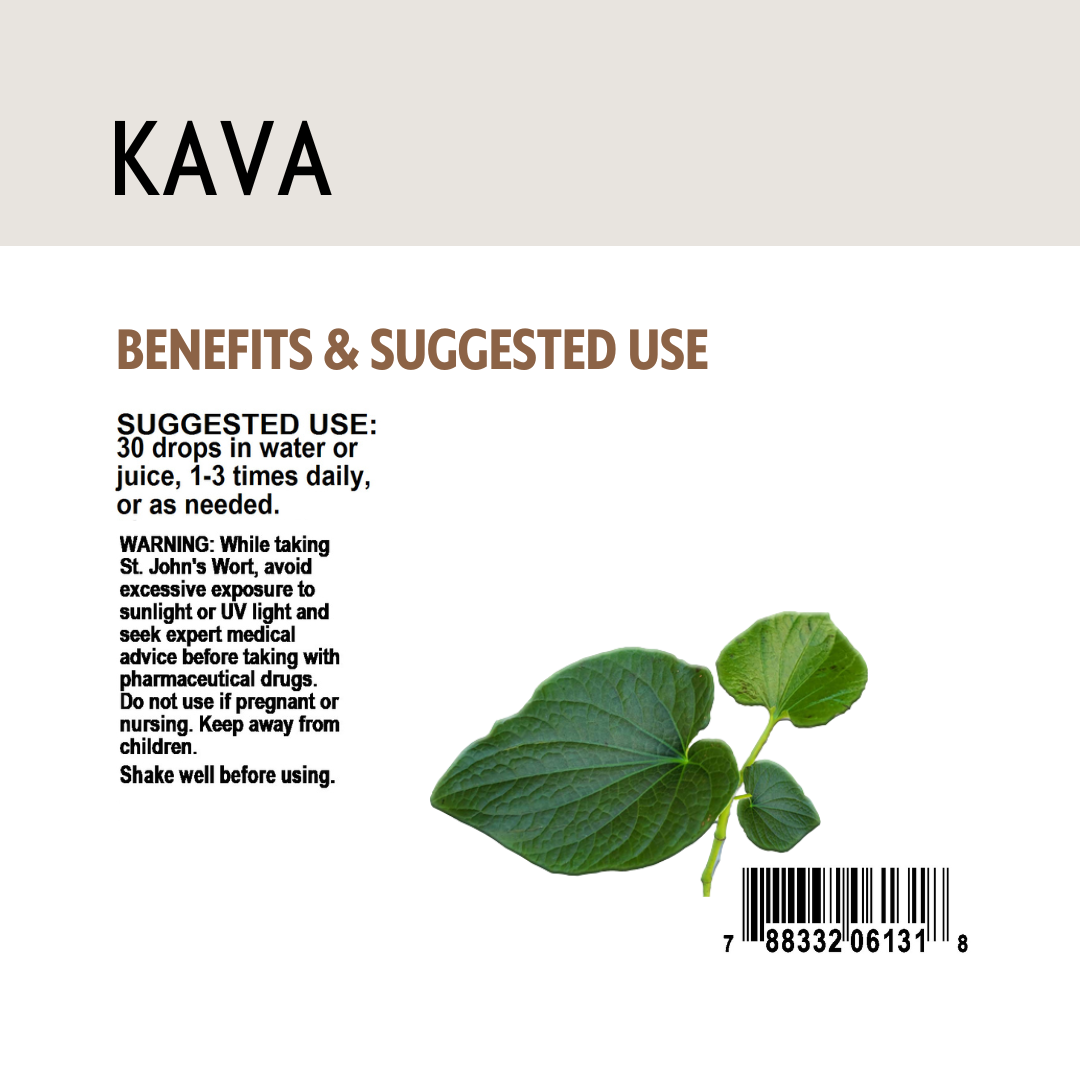 Kava leaf with benefits, barcode and suggested use text on a white background.