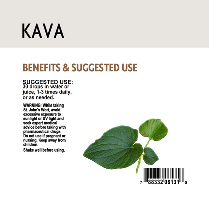 Kava leaf with benefits, barcode and suggested use text on a white background.