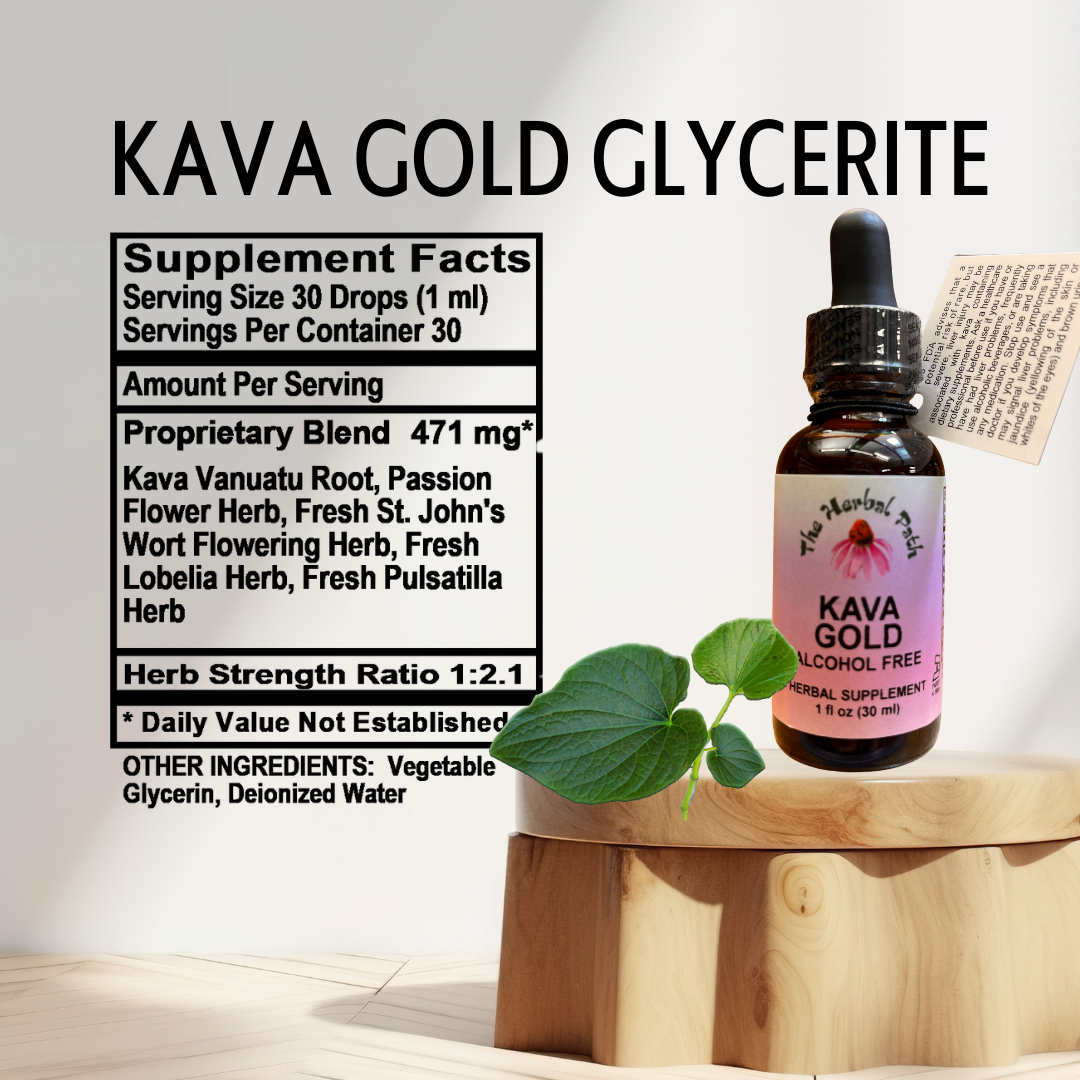 Kava Gold Glycerite supplement bottle with label on a wooden block.